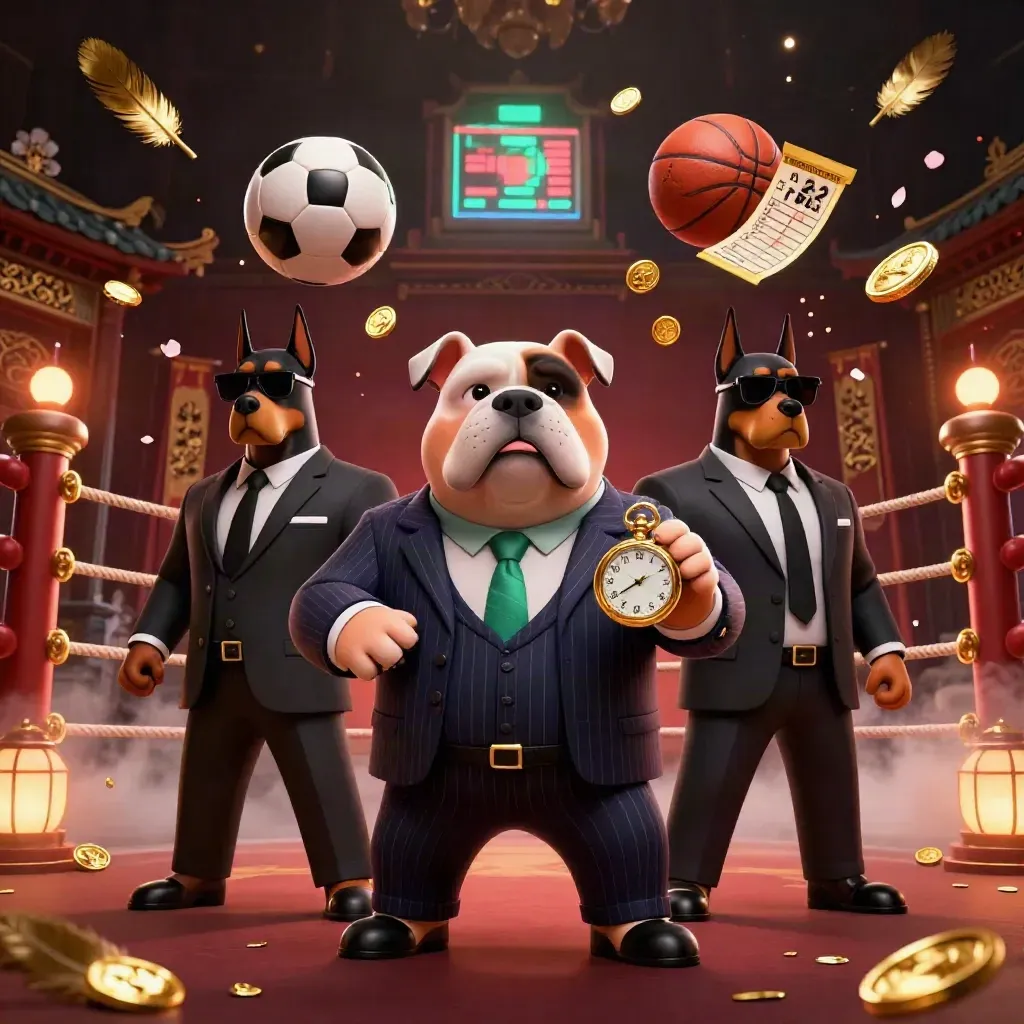 Bulldog mafia boss with Doberman guards amid coins, sports balls, and casino glow