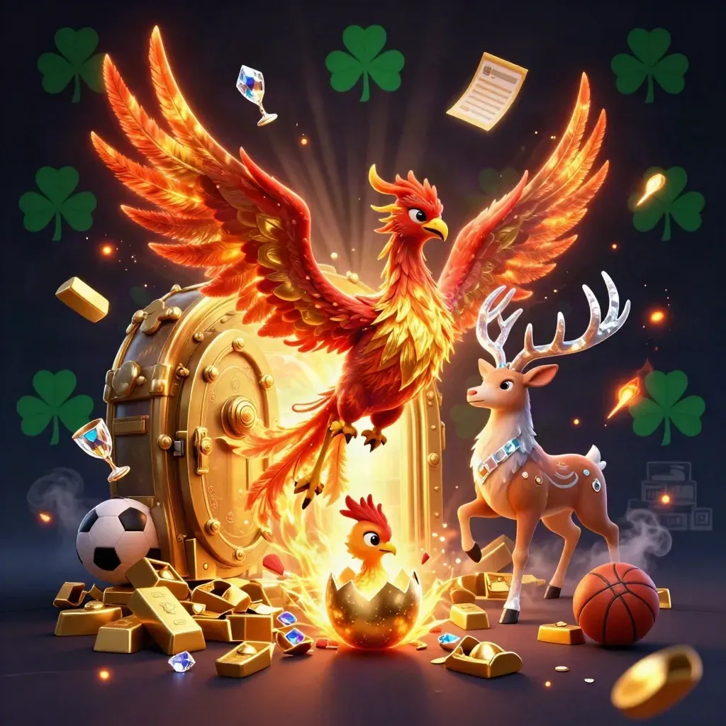 Phoenix, stag, and baby phoenix erupt from a gold vault with casino treasures and sports gear.