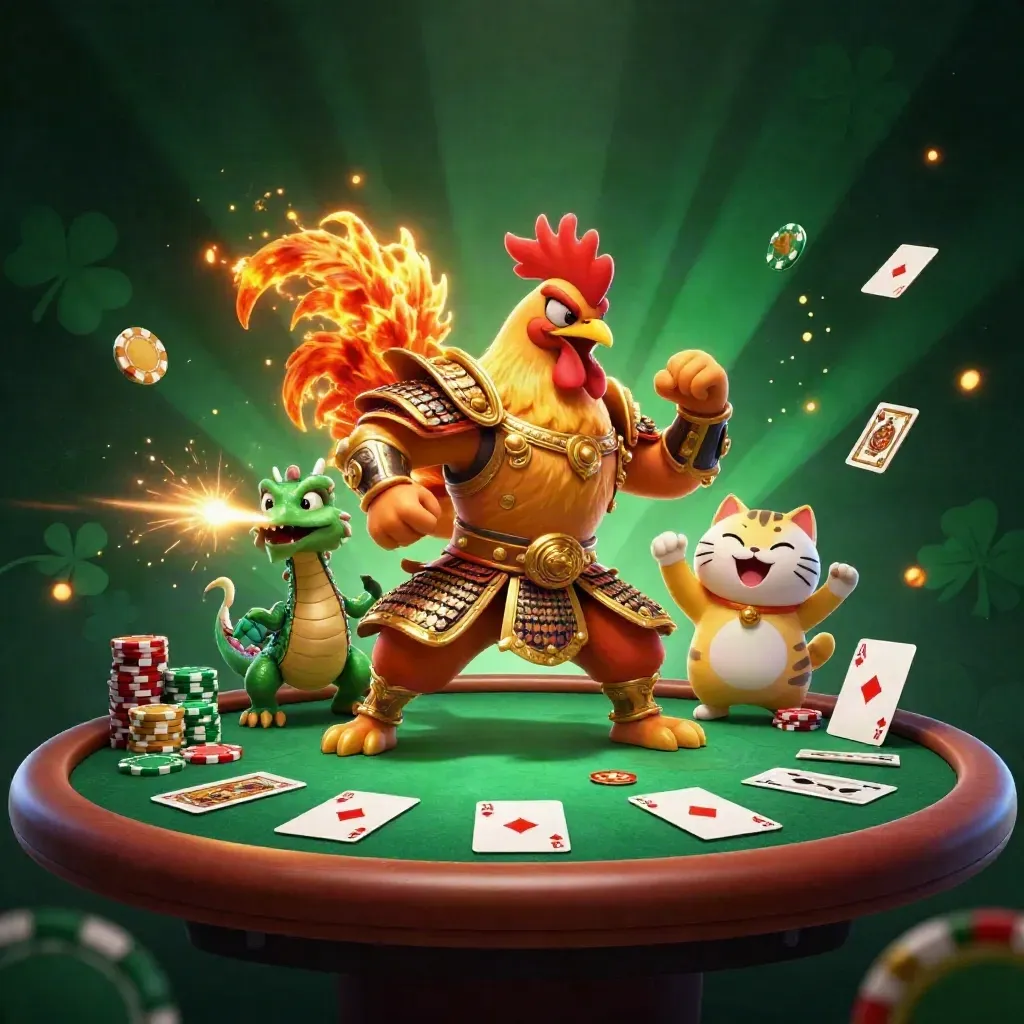 Rooster warrior, dragon hatchling and fortune-cat amid poker chips, cards and emerald casino glow