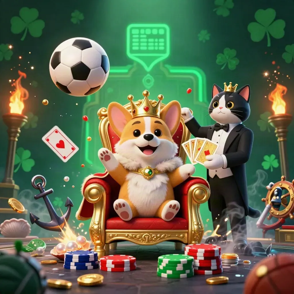 Royal corgi and cat butler amid poker chips, coins, and sports balls in a glowing treasure cove.
