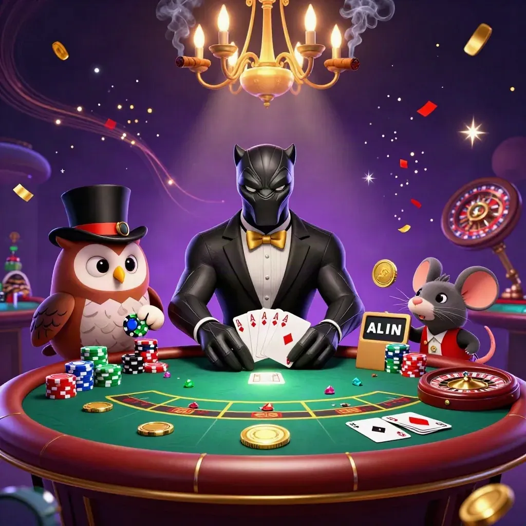 Panther, owl, and mouse casino trio amid chips, aces, roulette, brass, and dramatic lights