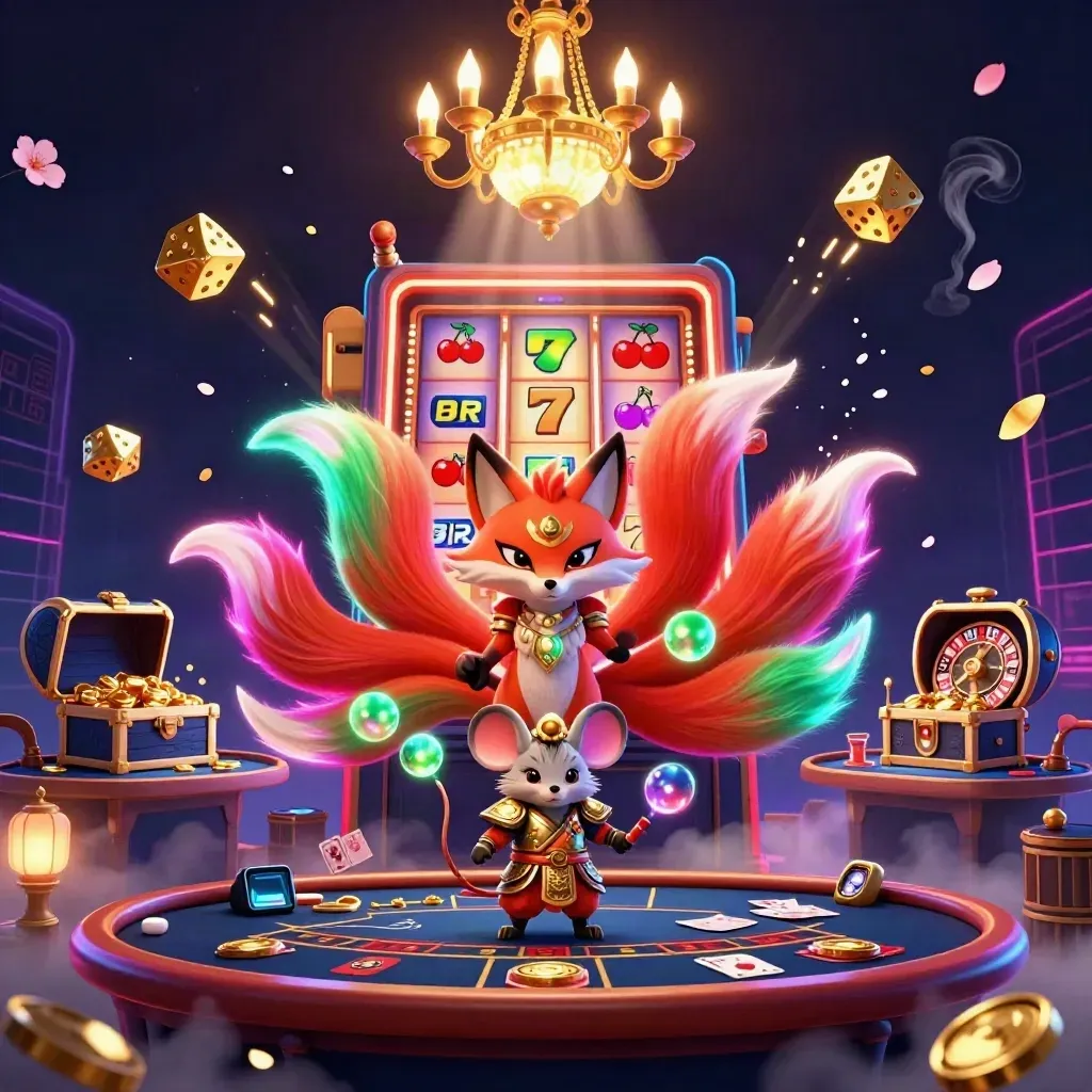 Nine-tailed fox and samurai mouse amid casino symbols, slot burst, gold, fog, and neon lights.