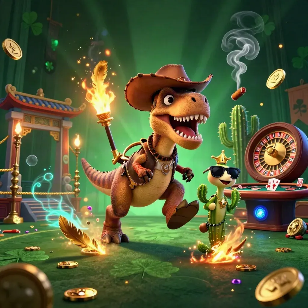 Cowboy T-Rex, cactus sidekick, and roadrunner in a luxe casino-fantasy scene