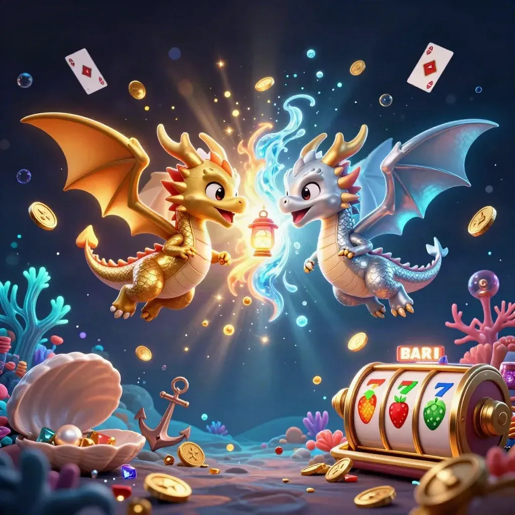 Gold and silver dragons swirl over treasure, cards, coral, and a glowing lantern spirit.