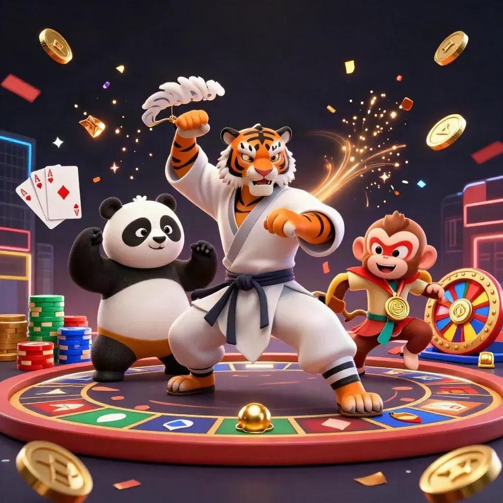 Tiger, panda, and monkey celebrate amid chips, coins, cards, fireworks, and neon casino energy.