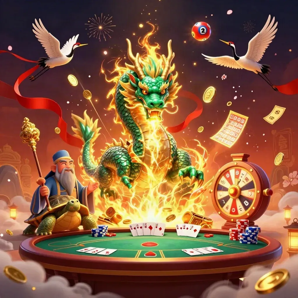 Jade dragon, turtle sage, and cranes amid coins, chips, fireworks, and casino treasures.