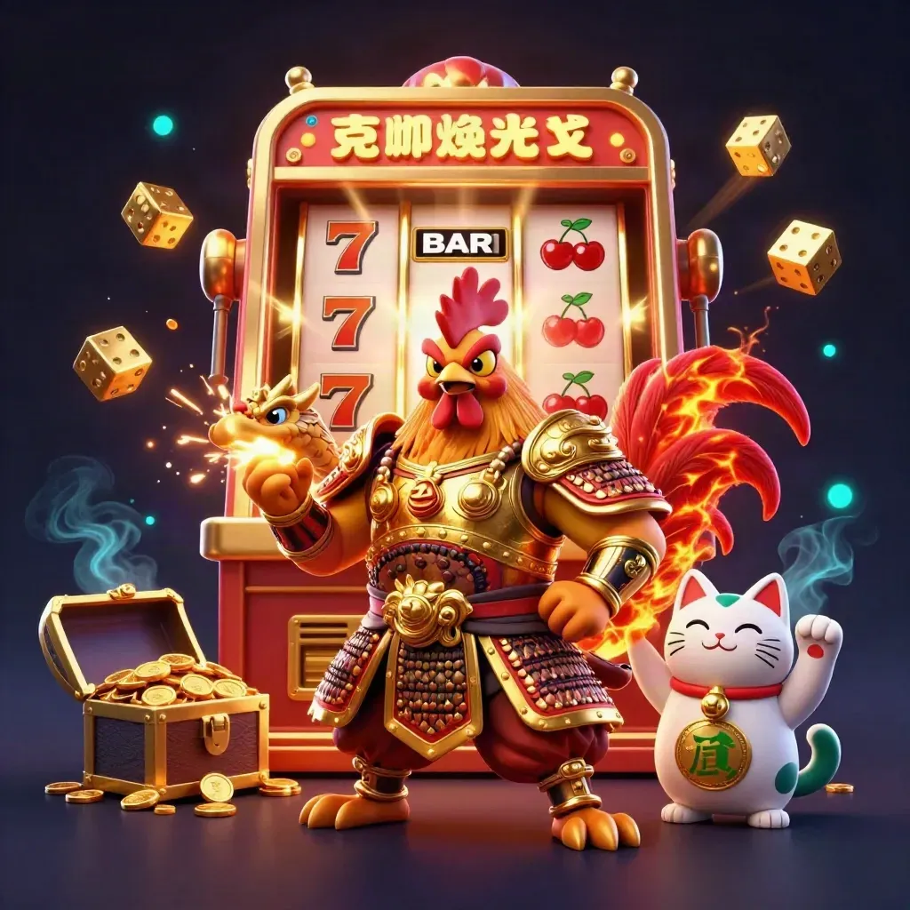 Rooster samurai, dragon hatchling and lucky cat amid jackpot slot bursts on dark navy